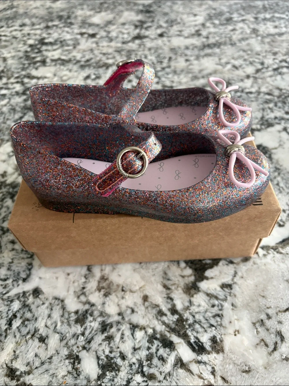Mini Melissa Multi-Color Glitter Mary Jane Shoes with Pink Bow